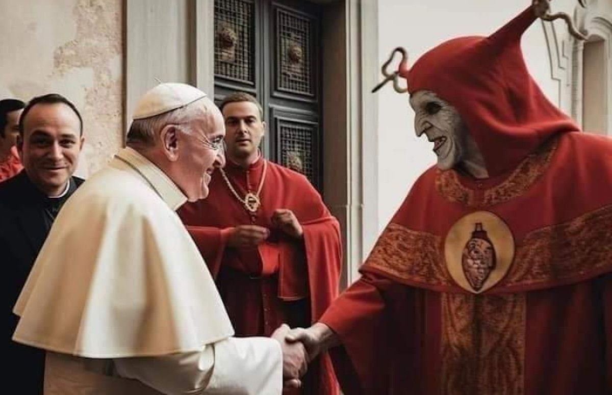 Imagen creada con Inteligencia Artificial (IA) del Papa Francisco saludando a un sacerdote satánico. 