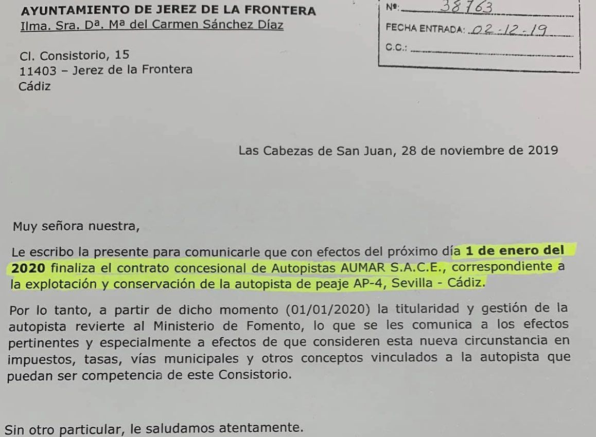 Carta recibida por la alcaldesa de Jerez.