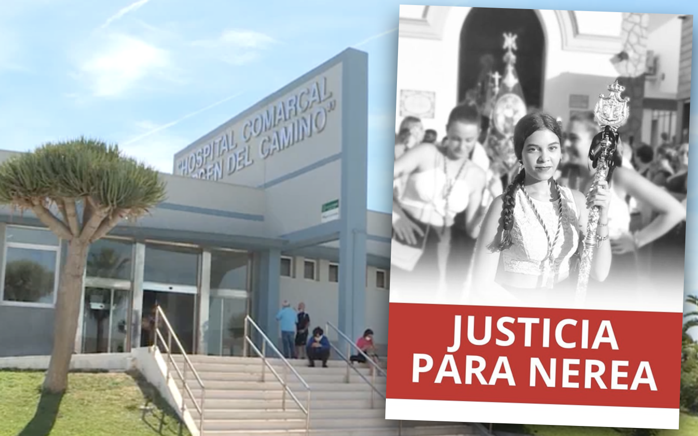 El hospital de Pascual en Sanlúcar, en una imagen de 'Antena 3', y el cartel de 'Justicia para Nerea' que ha subido su padre a Facebook.