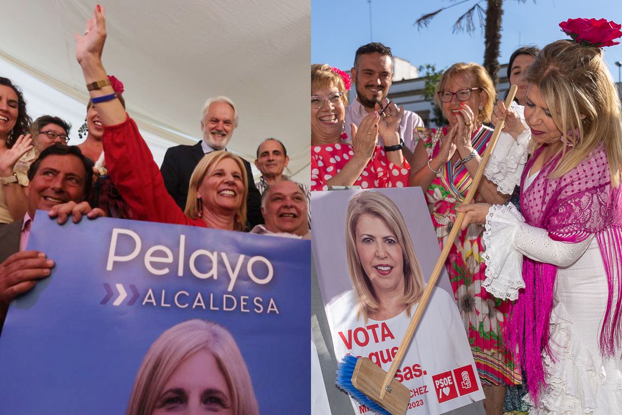 María José García-Pelayo, en la caseta del PP en la Feria del Caballo, y Mamen Sánchez, en el Mamelón, han pegado ya anticipadamente los carteles de la campaña de este 28M.
