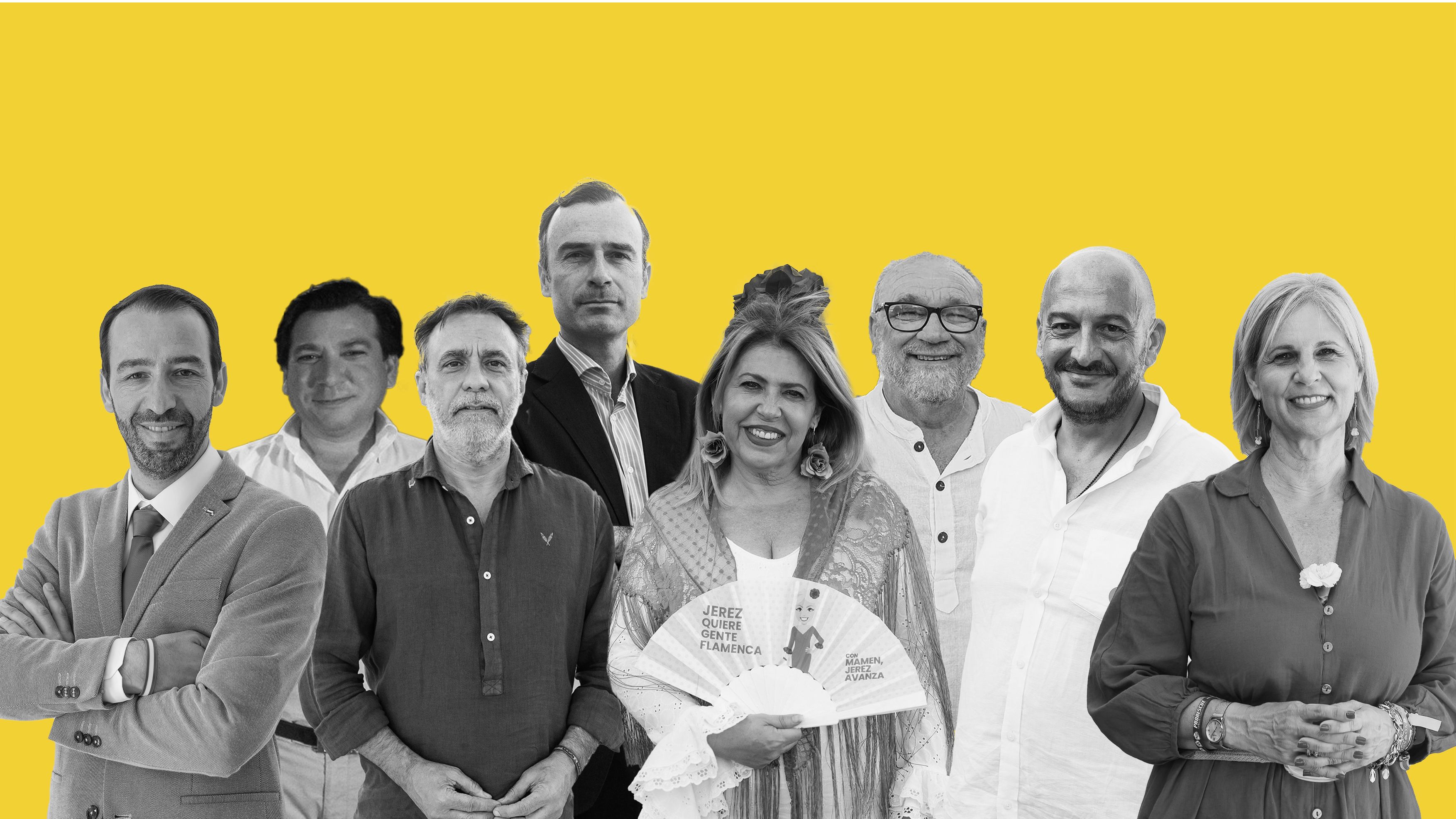 Santiago Casal (AxSí), Antonio Fernández (Vox), Carlos Fernández (Adelante), Manuel Méndez (Cs), Mamen Sánchez (PSOE), Manolo Guerrero (Podemos), Raúl Ruiz-Berdejo (La Confluencia) y María José García-Pelayo (PP), candidatos a la Alcaldía en Jerez.