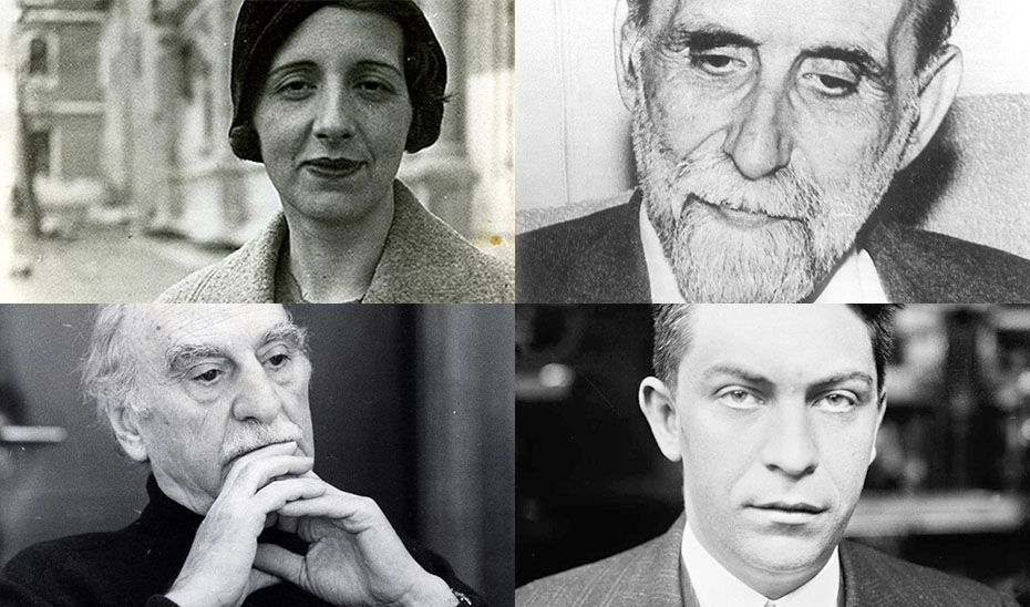 De izquierda a derecha y de arriba a abajo, María Zambrano, Juan Ramón Jiménez, Francisco Ayala y Manuel Chaves Nogales.