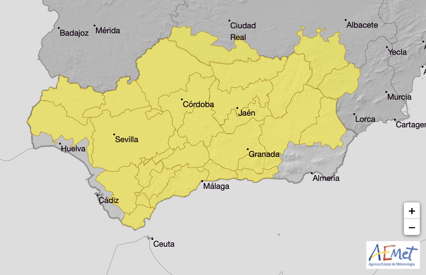 Mapa de alertas en Andalucía publicado por la Aemet. 