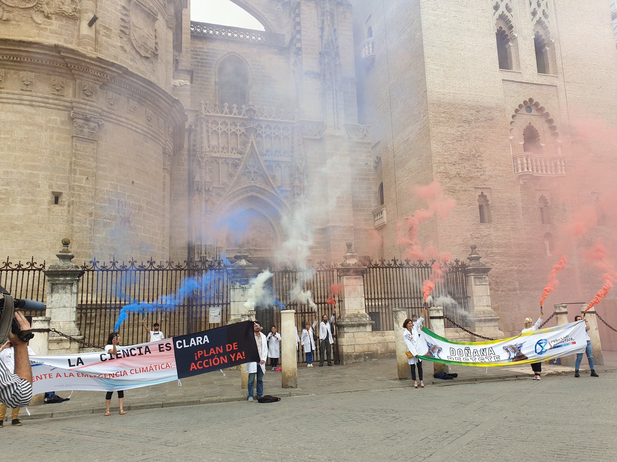 Encadenados a la Catedral de Sevilla para protestar por el "saqueo" de Doñana.