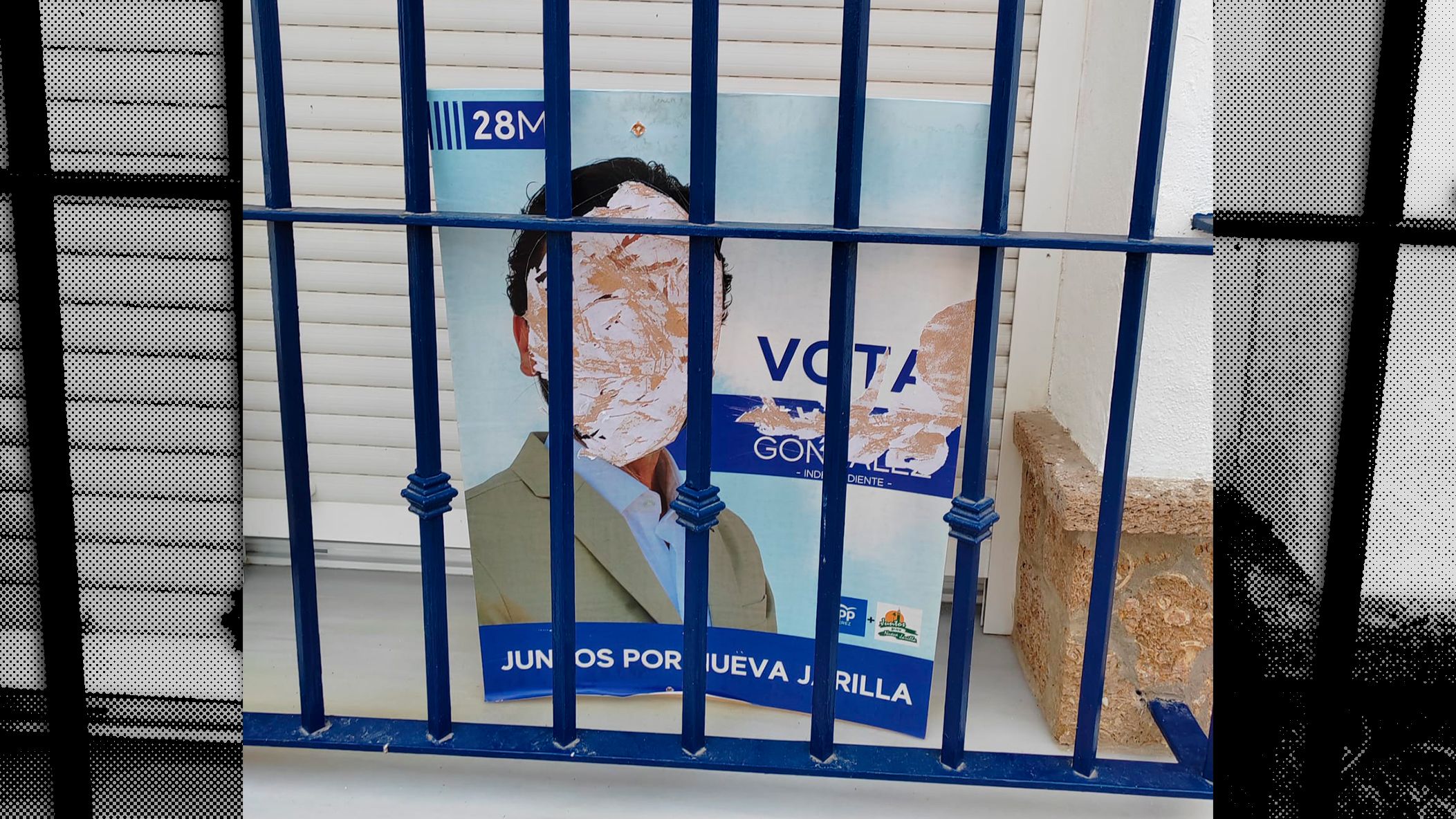 El cartel electoral de Juntos por Nueva Jarilla, integrado en el PP, con la cabeza de su candidato recortada.