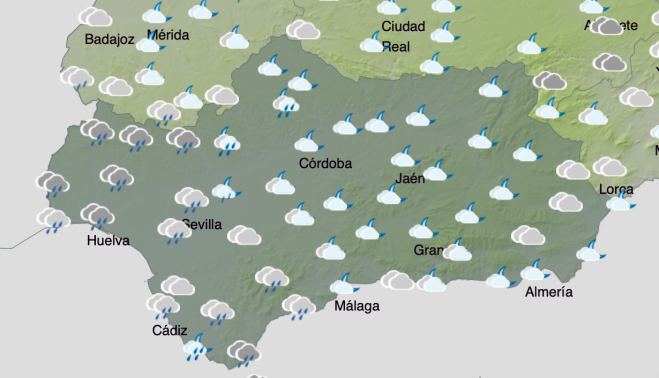 ‘Óscar’, una extraña borrasca que promete lluvias y viento para esta semana. En la imagen, mapa de la AEMET de Andalucía para el mediodía del martes. 