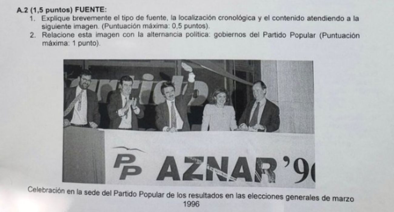 Pregunta sobre el triunfo de Aznar en el 96 en una prueba de la EBAU.