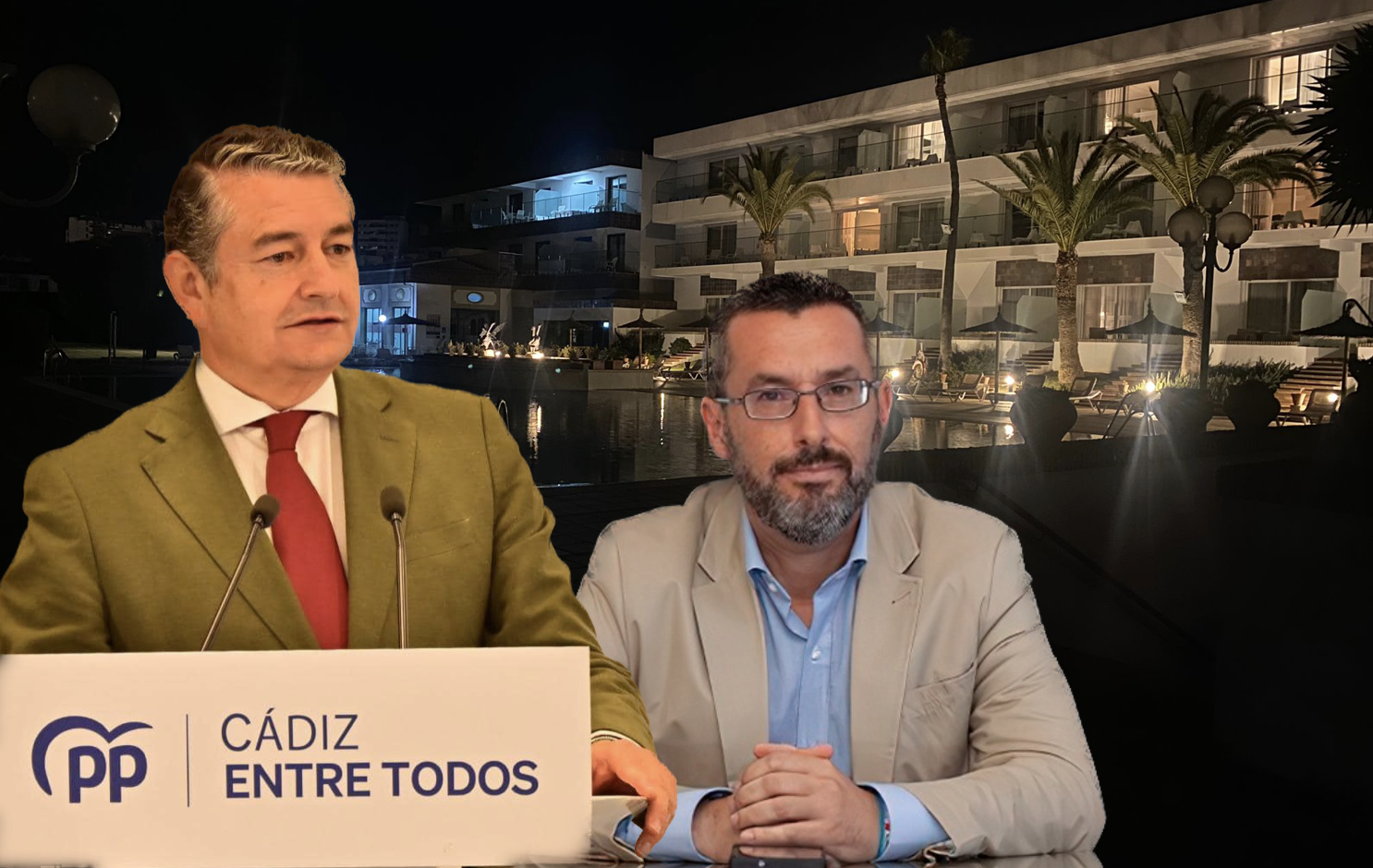 Antonio Sanz y Juan Franco, con el Hotel Jerez como telón de fondo, en la negociación de PP y La Línea 100% por la Diputación de Cádiz.
