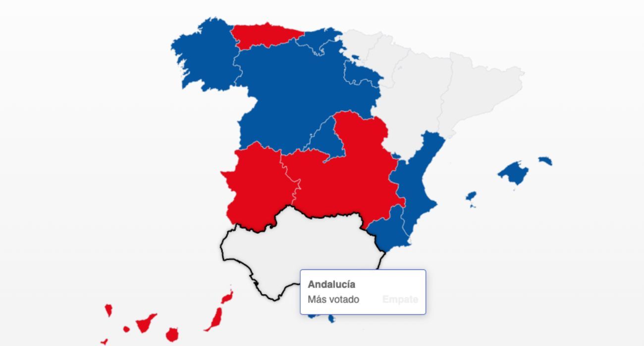 En Andalucía hay un empate entre PP y PSOE según la web del Ministerio del Interior.