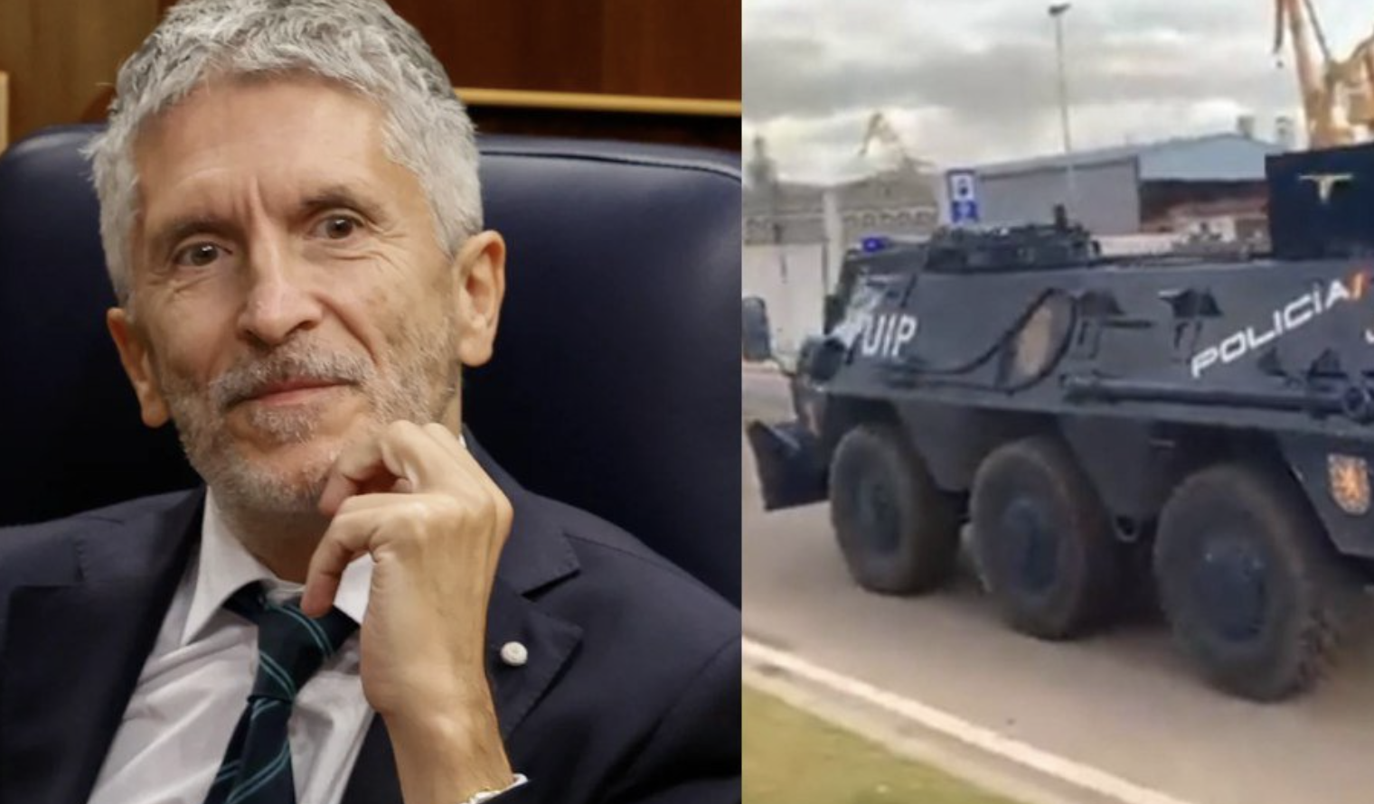 Al candidato Marlaska le cae lo más grande en Cádiz: "¿Hará campaña en tanqueta o en Papa Móvil? Montaje en Twitter de José Ignacio García del ministro y la tanqueta.