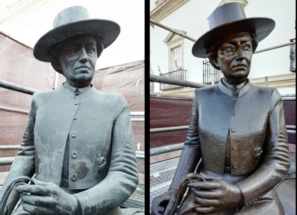 Primer plano del monumento a la condesa de Barcelona con el antes y después de la intervención.  