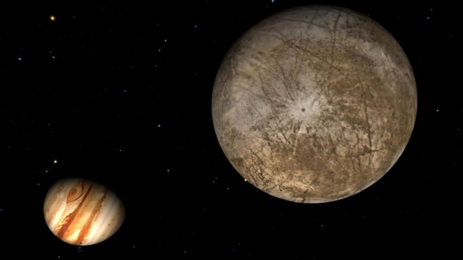 Tu nombre pueden viajar a Júpiter: la NASA pone en marcha 'Message in a bottle'. En la imagen, Europa junto al planeta Júpiter.
