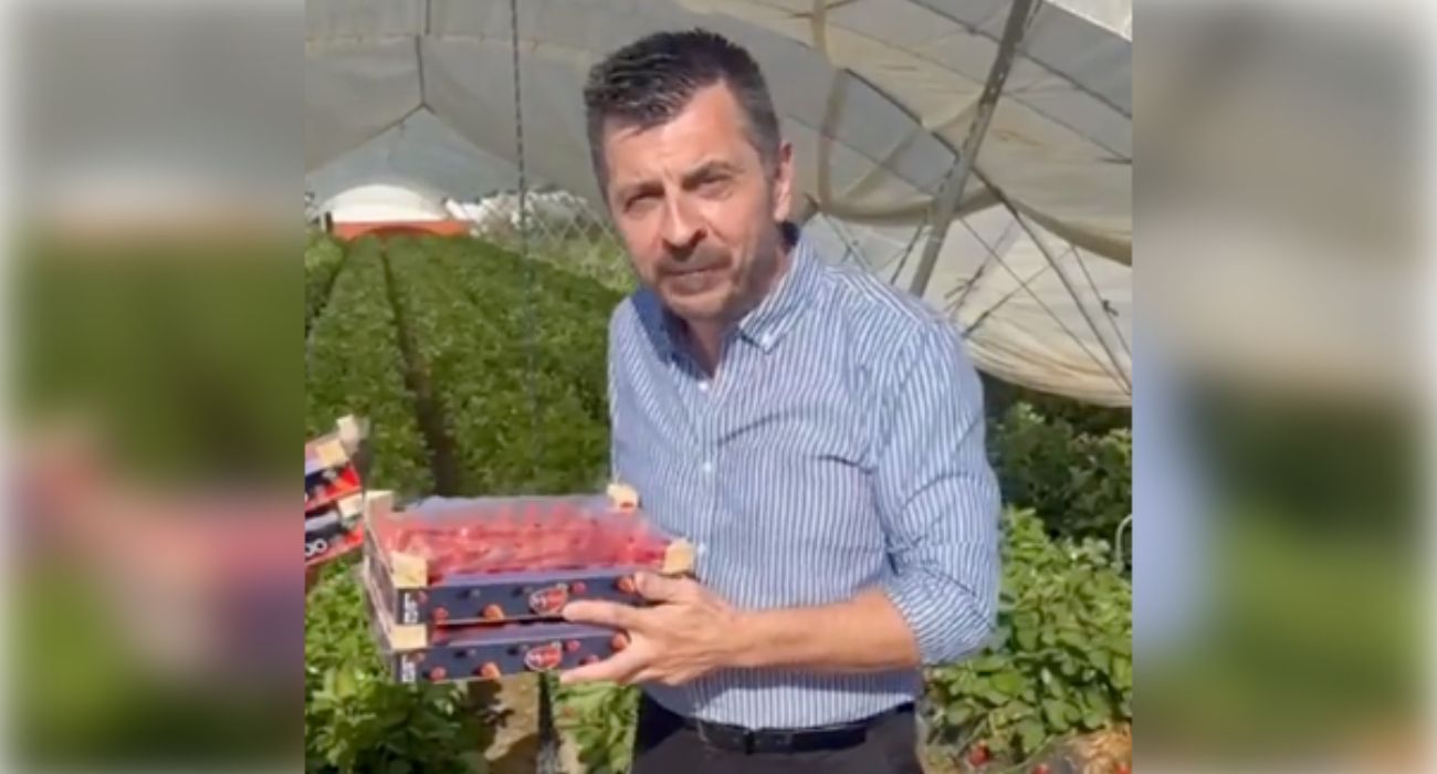 Toni Martín, con una caja de fresas como la que mostró en el Parlamento andaluz.