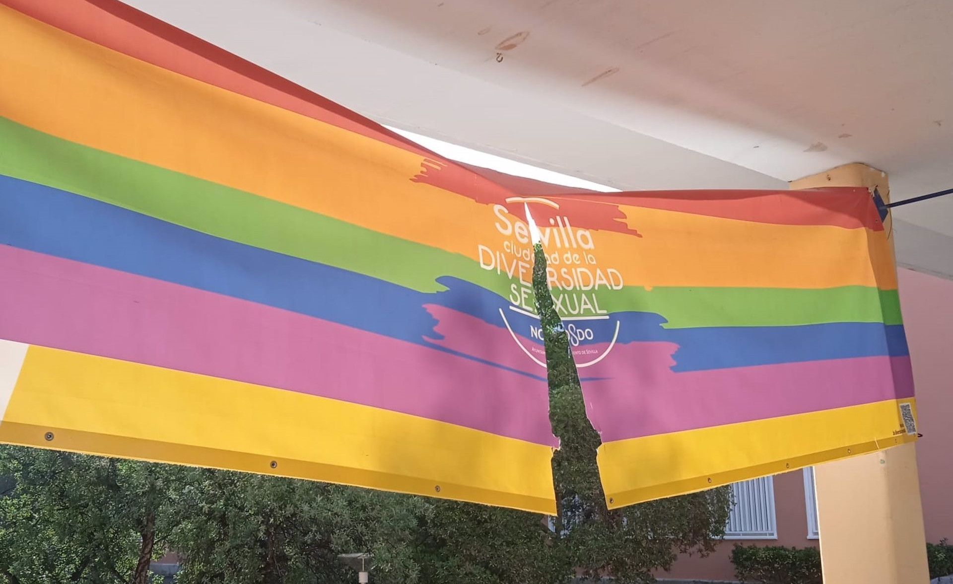 Así ha aparecido una bandera LGTBI colgada en la Universidad Pablo de Olavide en Sevilla. 