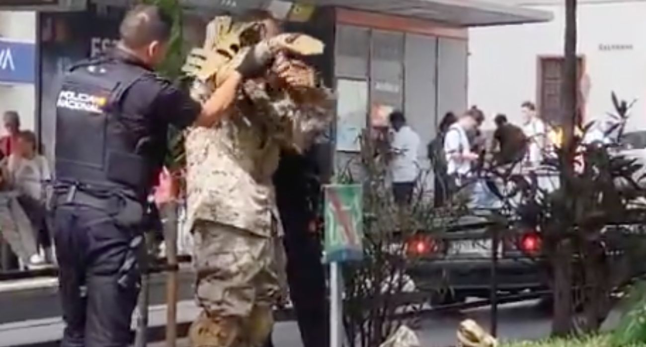 El hombre, vestido de Ramo, detenido por dos agentes.