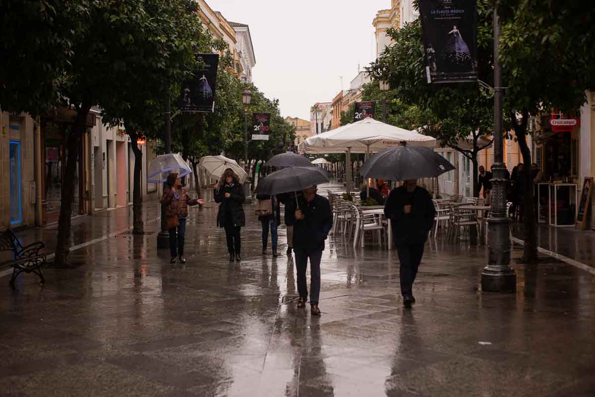 El centro de Jerez, durante una lluvia con fuertes rachas de vientos en el pasado. FOTO: MANU GARCÍA