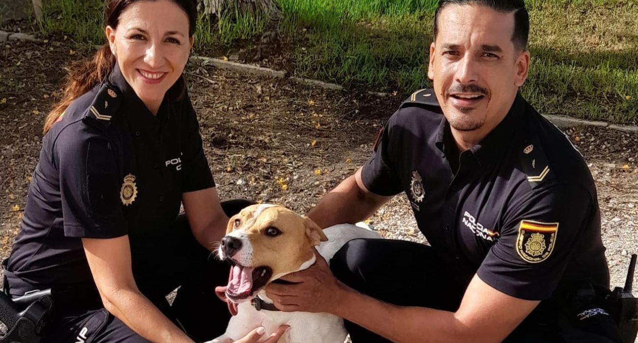 Los agentes de la Policía Nacional, con Zeta, el perro abandonado cerca de la Comisaría de Jerez.