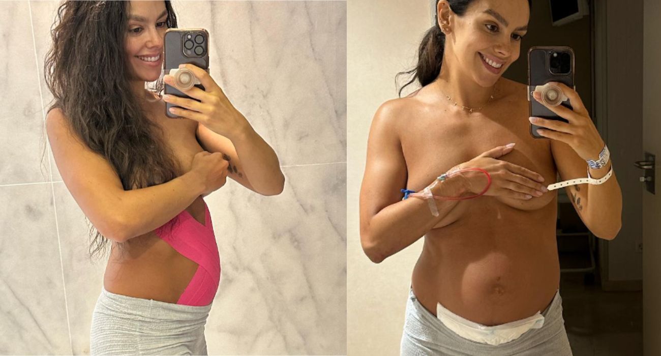 Dos de las imágenes que ha compartido Cristina Pedroche sobre la evolución de su cuerpo tras el parto.