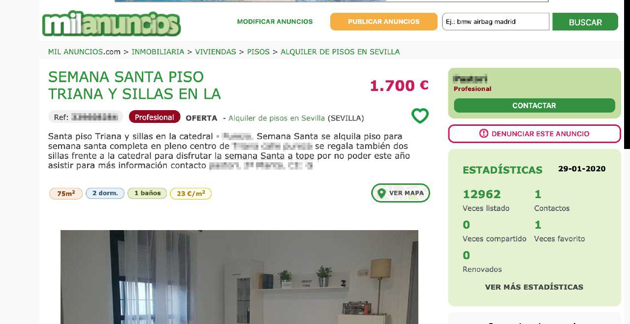 Anuncio que oferta vivienda y silla en palco de Semana Santa.