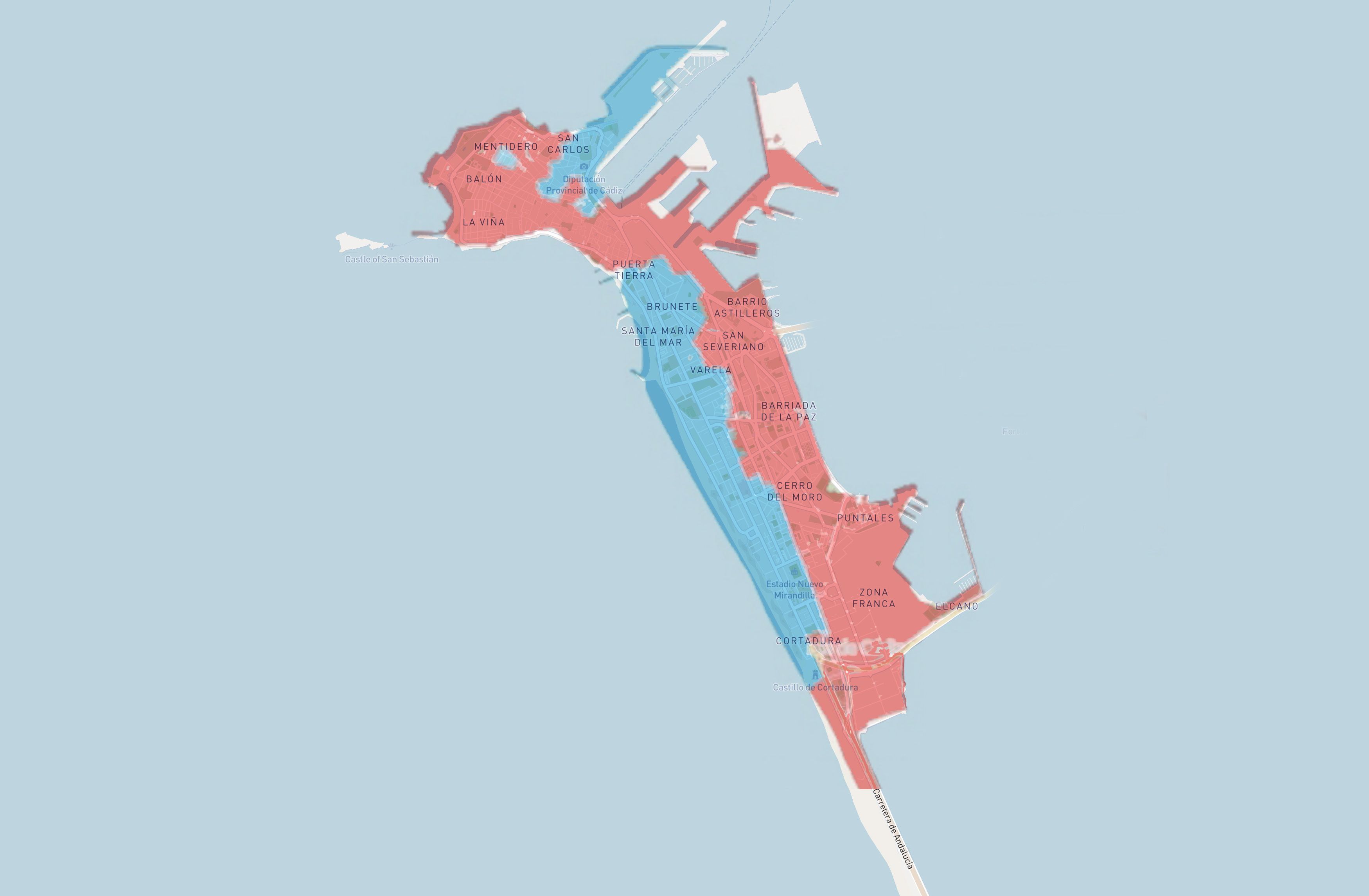 El mapa electoral de victorias en las mesas de Cádiz.