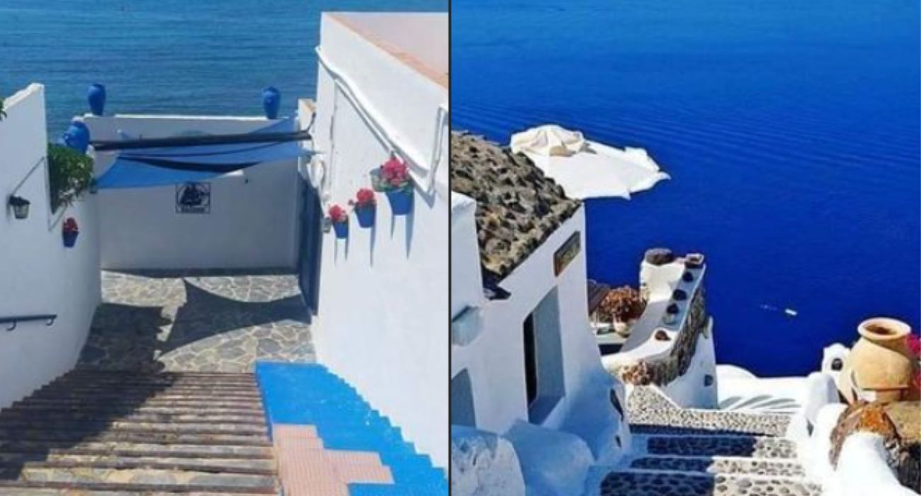 A la izquierda, Los Caños. A la derecha, una imagen de Santorini.