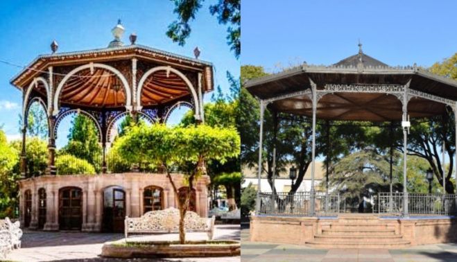 A la izquierda, un jardín de la Jerez mexicana. A la derecha, un templete de la Jerez andaluza. 