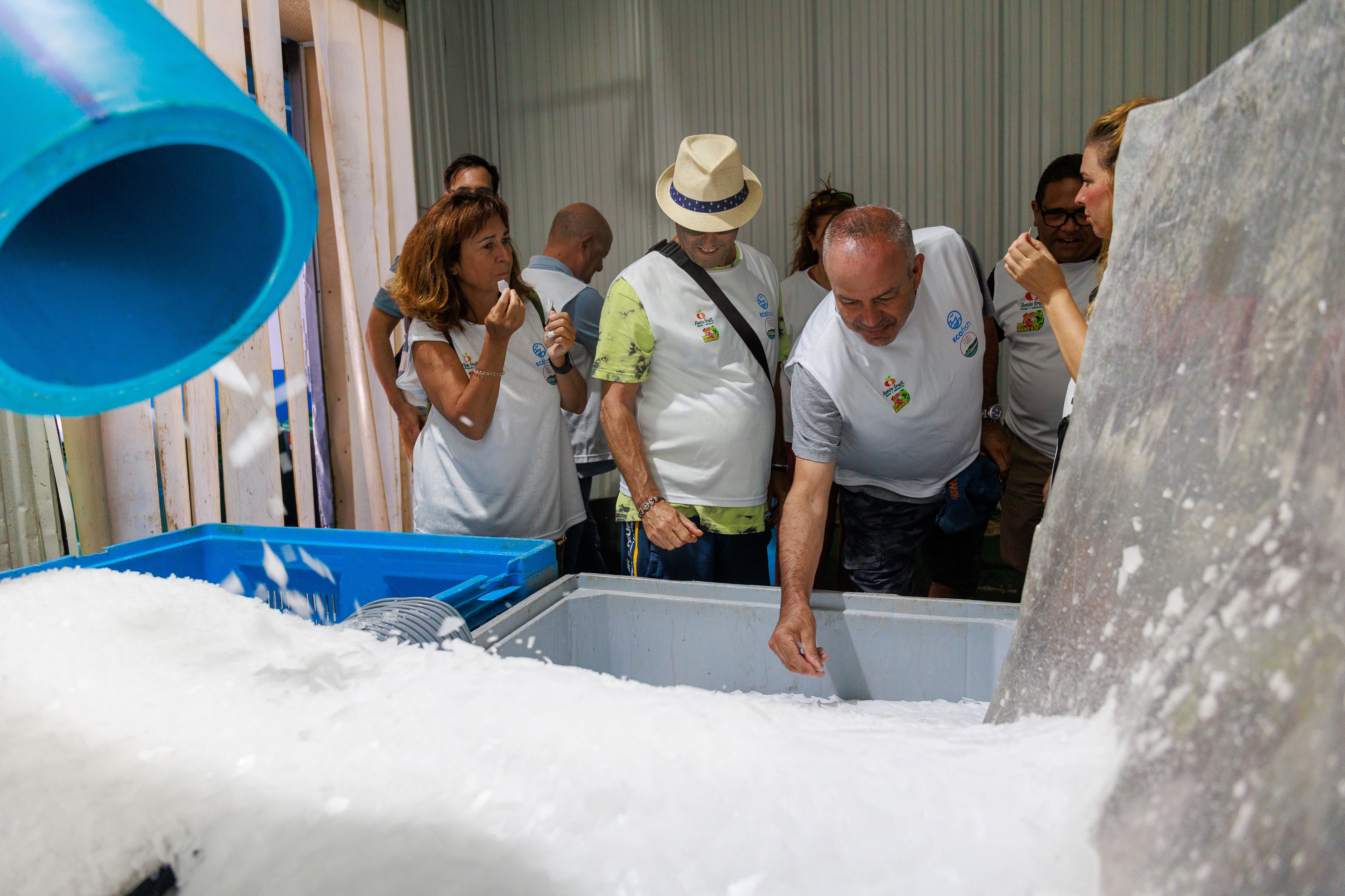 Los turistas, junto a las cajas al descargar en el muelle.