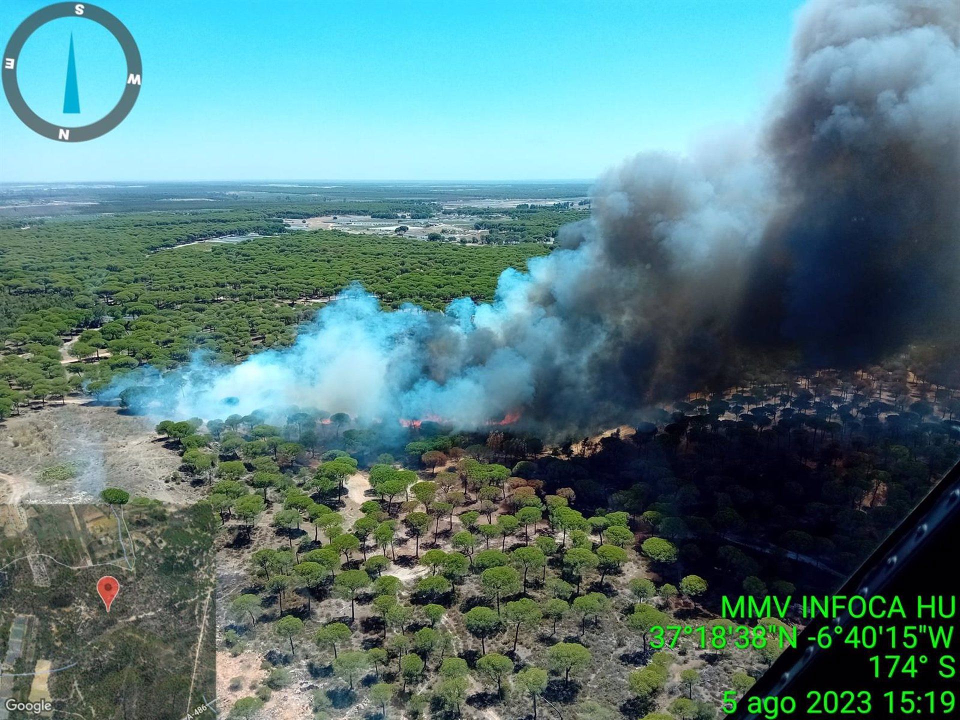 El incendio de Bonares en una foto aérea tomada por el Plan Infoca
