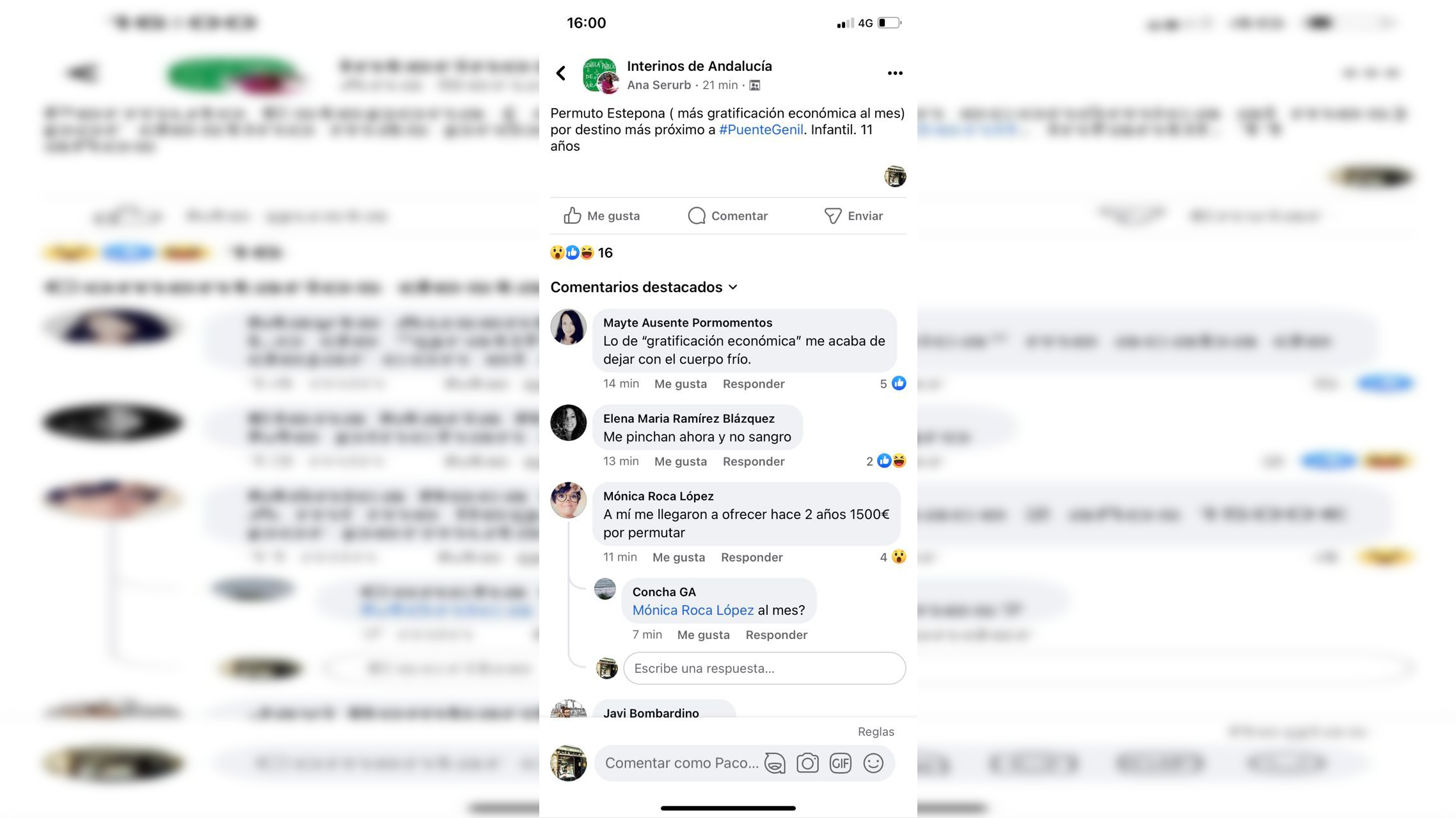 Una captura de un grupo de interinos donde se ofrece una vacante a cambio de dinero.