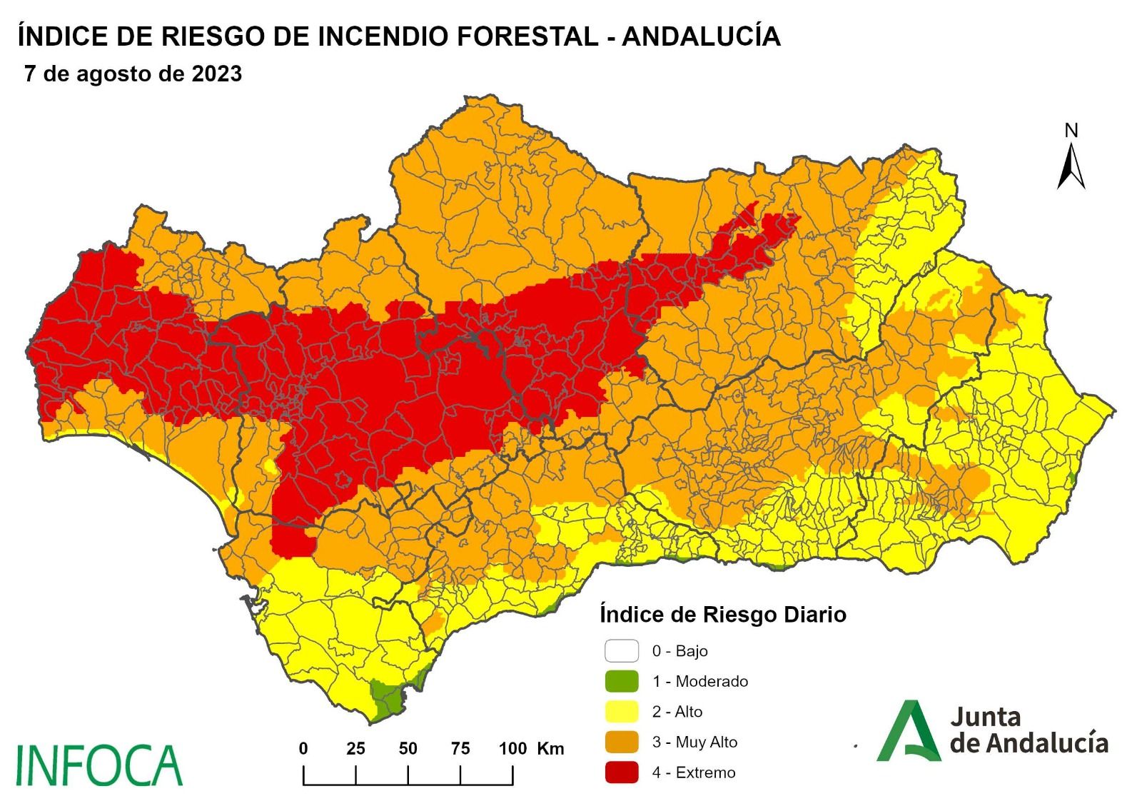 El mapa de Andalucía de riesgos de incendio en Andalucía, en una información del Infoca.
