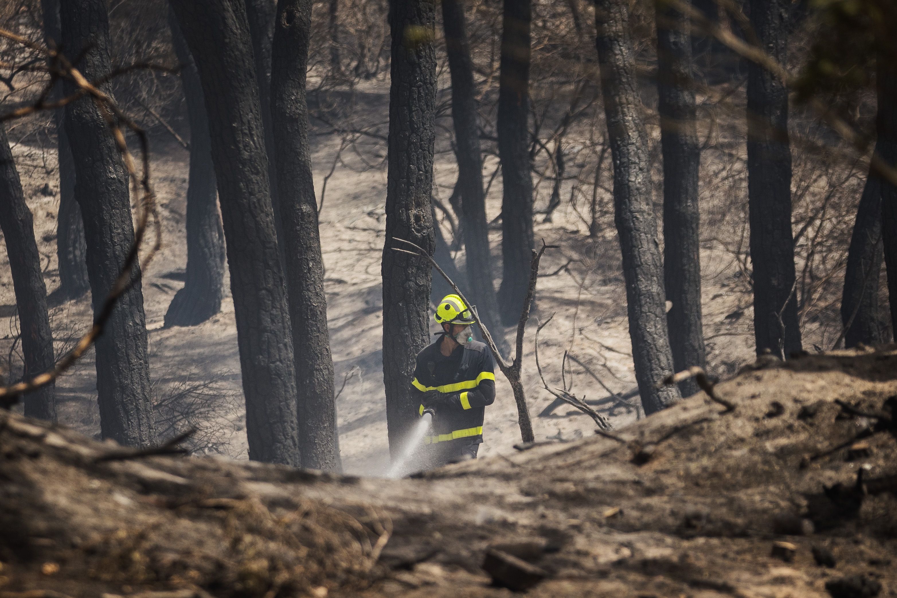 Un bombero refresca la zona incendiada este domingo.