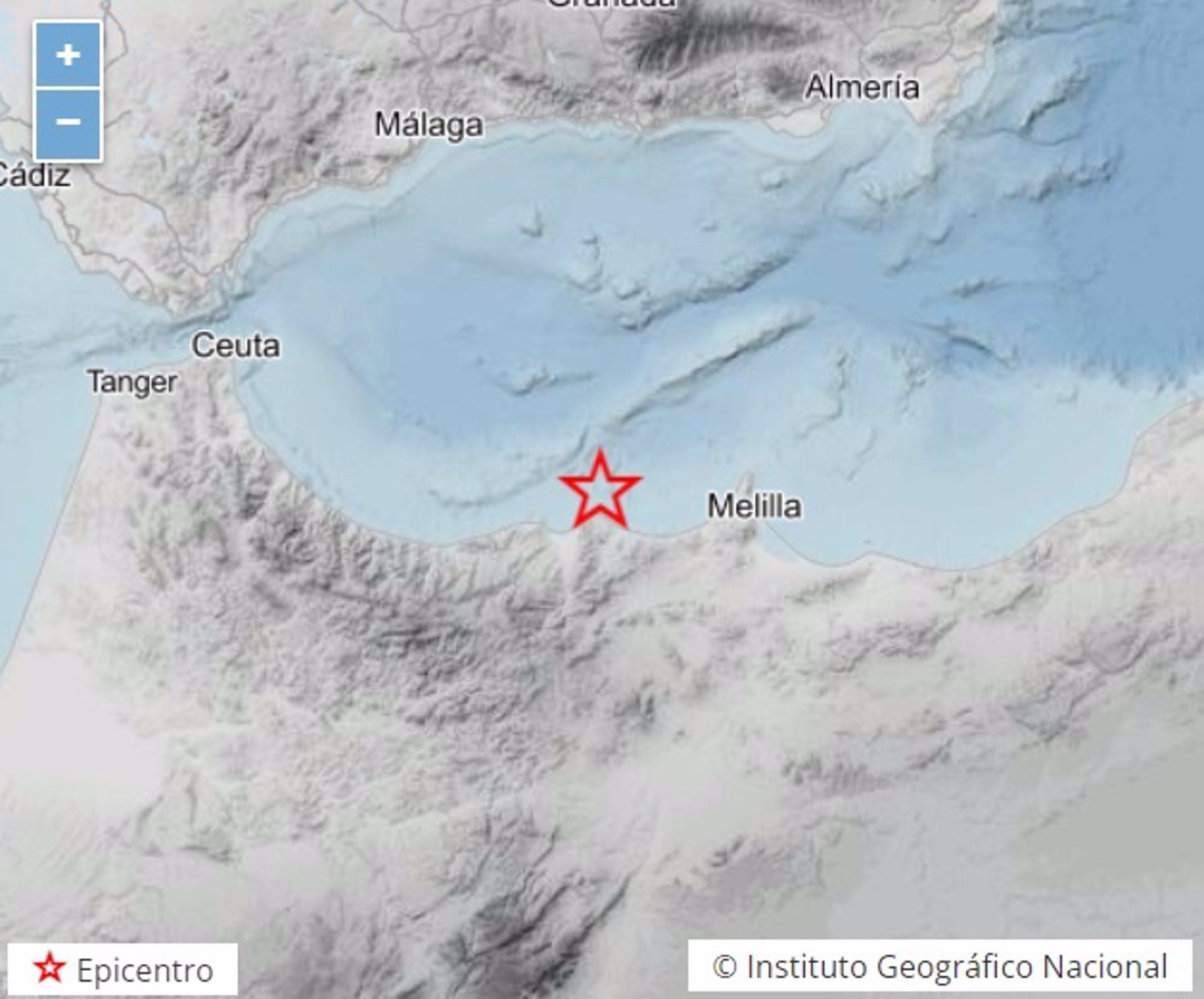 Epicentro del temblor, que ha asustado a vecinos de Melilla por su intensidad.