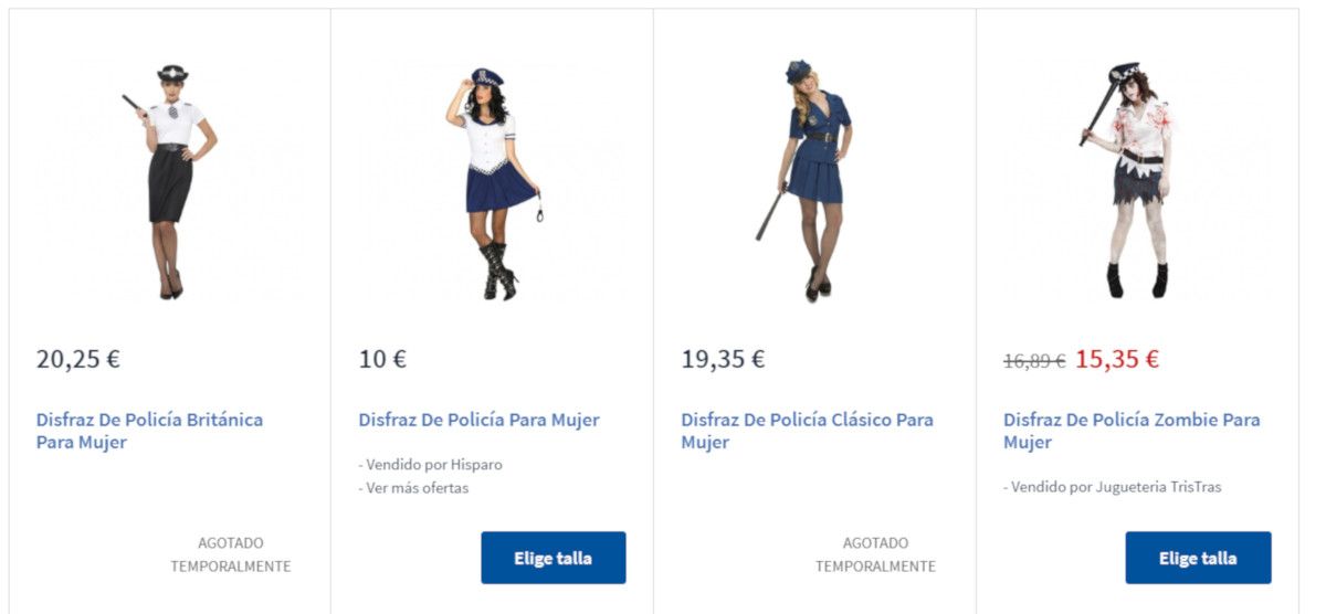 Varios disfraces ofertados en la web de Carrefour.