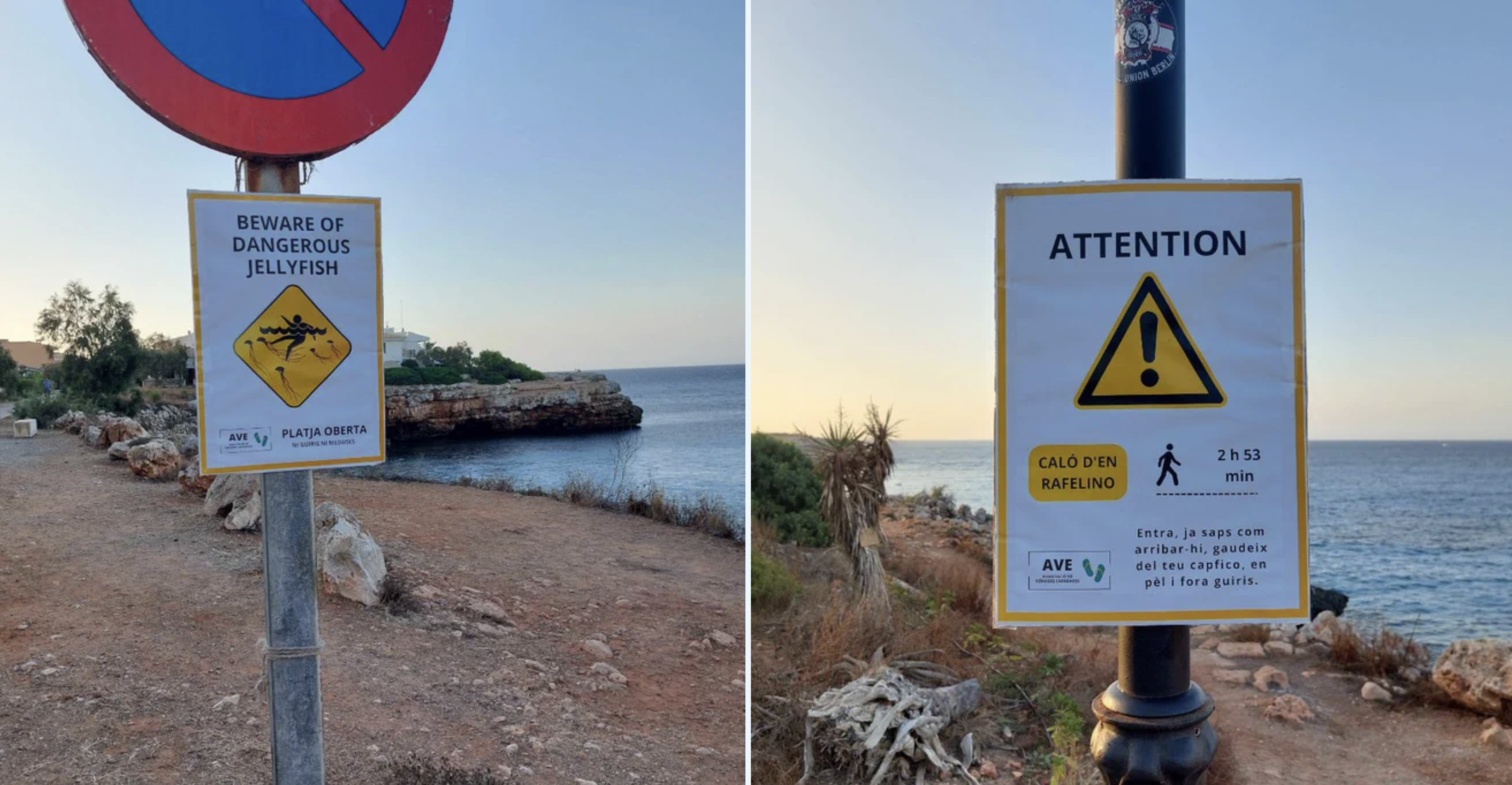 Carteles falsos de prohibido el baño para engañar a turistas.