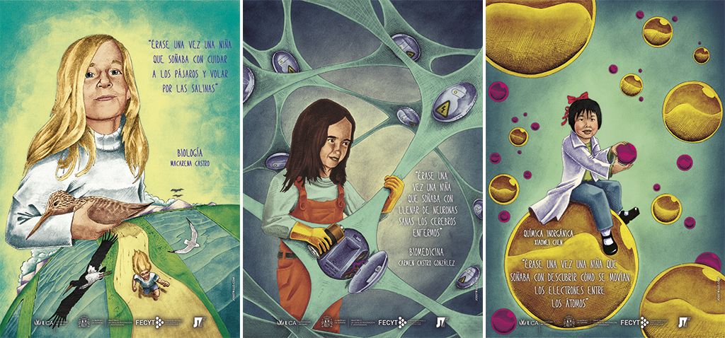 Algunas de las ilustraciones de científicas de la UCA que se pueden ver en la muestra.