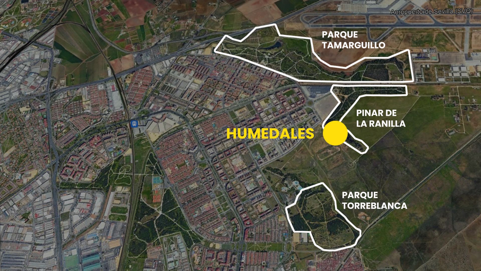 En este plano de Sevilla ciudad se muestran los humedales de Sevilla Este, amenazados por un proyecto de megaurbanización que prevé hasta 17.000 viviendas