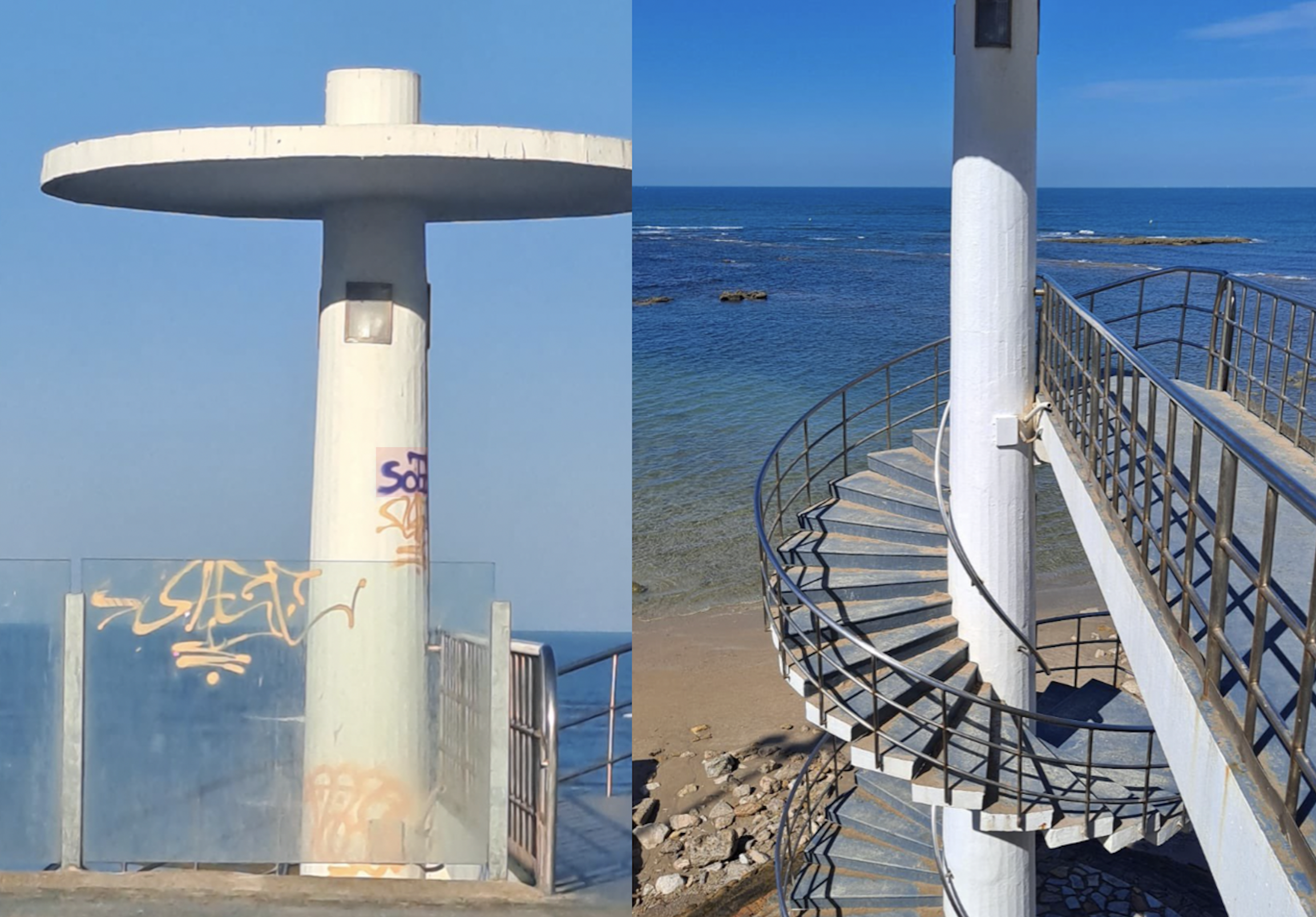 Escalera de caracol de acceso a la playa de Santa María de Cádiz. 