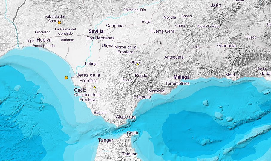Diferentes localizaciones de terremotos registrados en los últimos días en la provincia de Cádiz en una imagen del IGN.