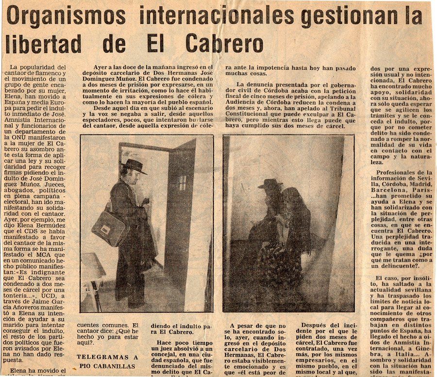 Recorte de prensa de Nueva Andalucía de 1982 que recoge el ingreso en prisión de 'El Cabrero'.