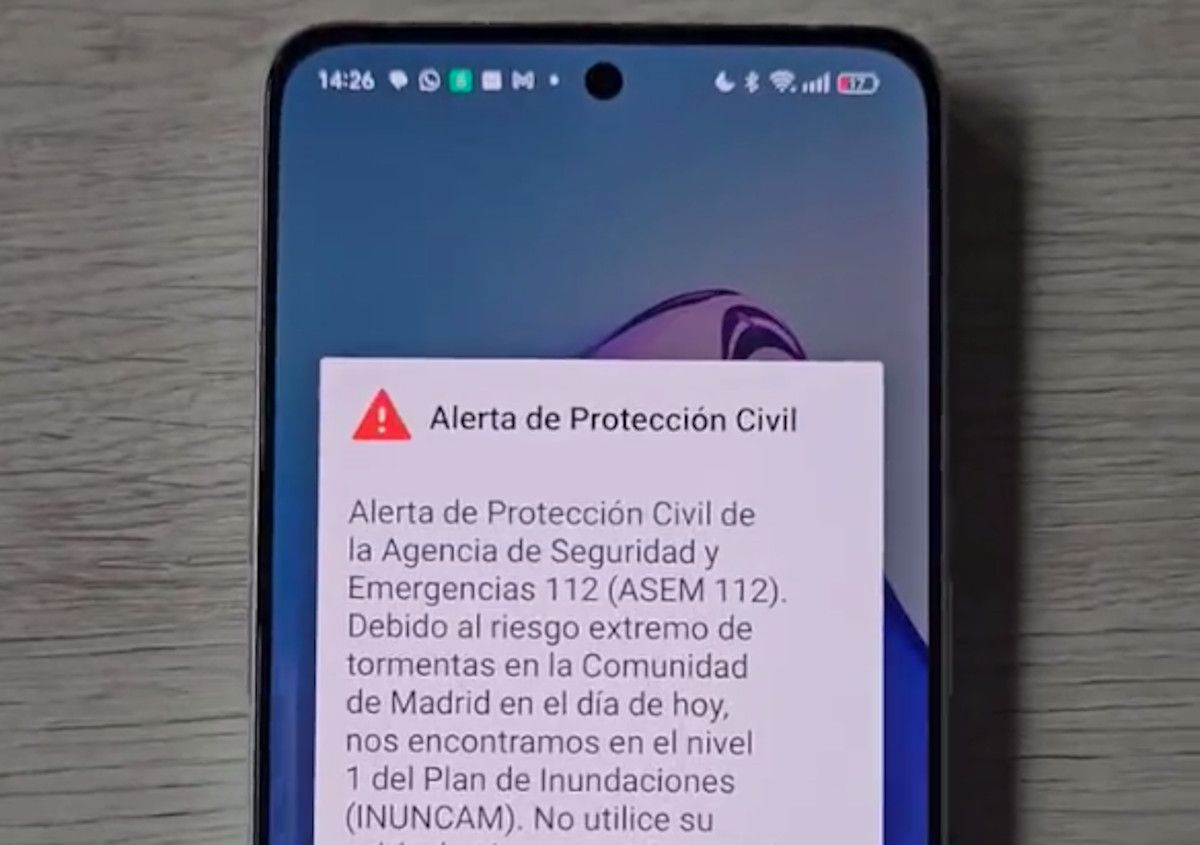 Mensaje de alerta de Protección civil enviado en Madrid. 