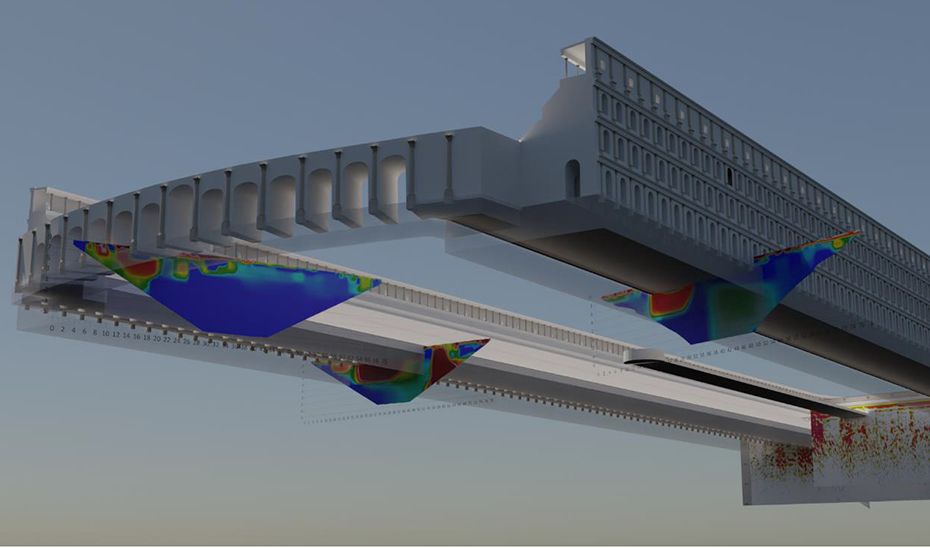 Recreación virtual del circo de Itálica y sus cimientos.