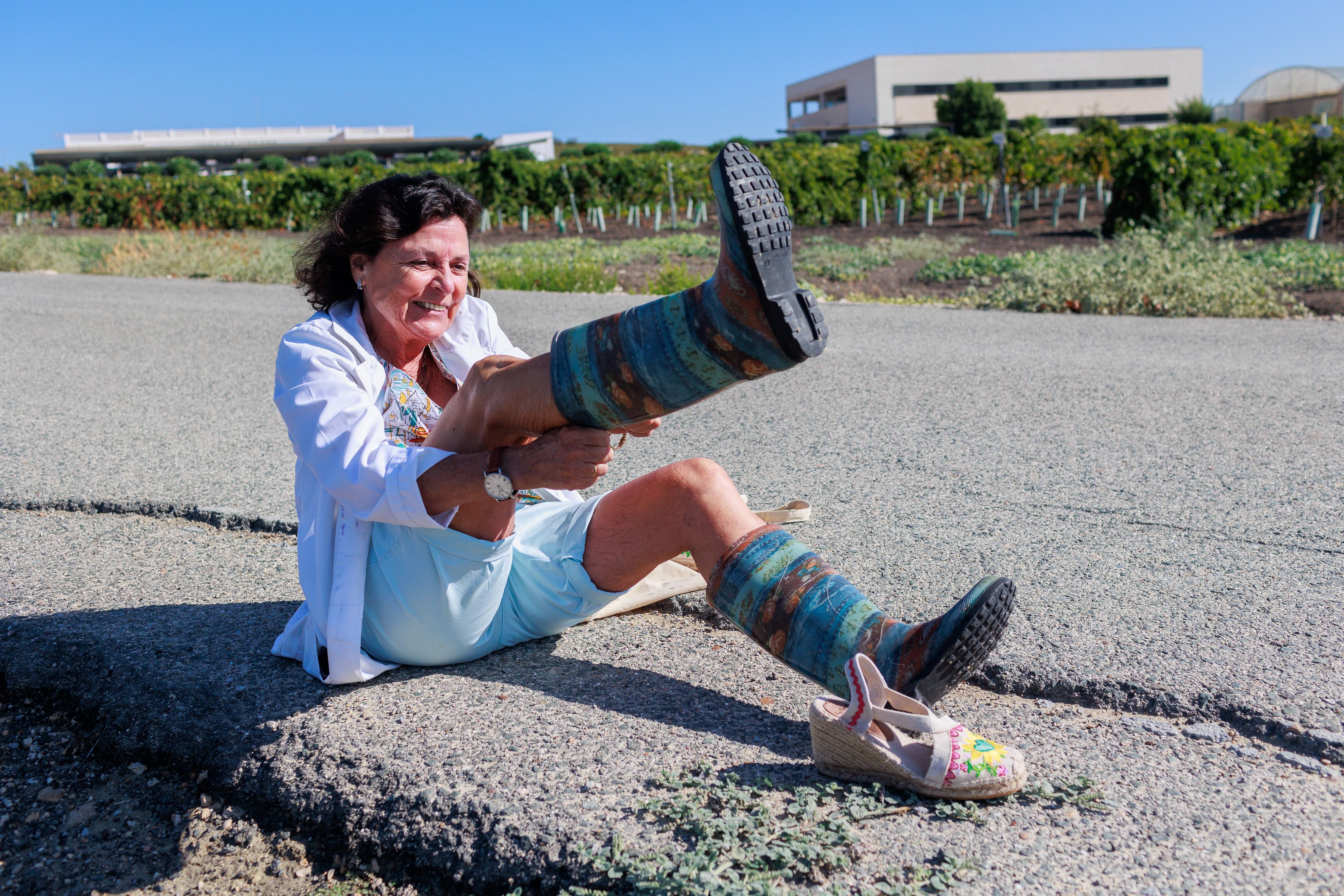 La investigadora se pone las botas para entrar en la viña.