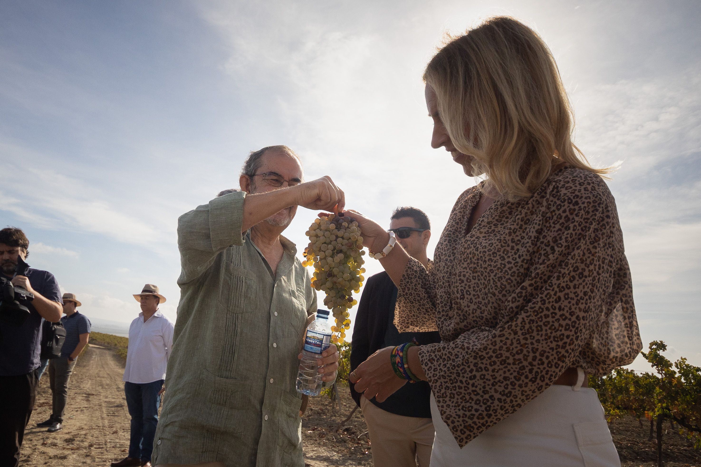 El director técnico de Viñas de Williams & Humbert ofrece una uva Pedro Ximénez a la presidenta de Diputación de Cádiz en la viña Dos Mercedes.