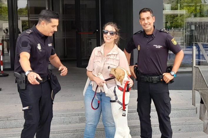 Zeta, la perra abandonada en pleno sol cerca de la Comisaría de Jerez, encuentra una familia. POLICIA NACIONAL