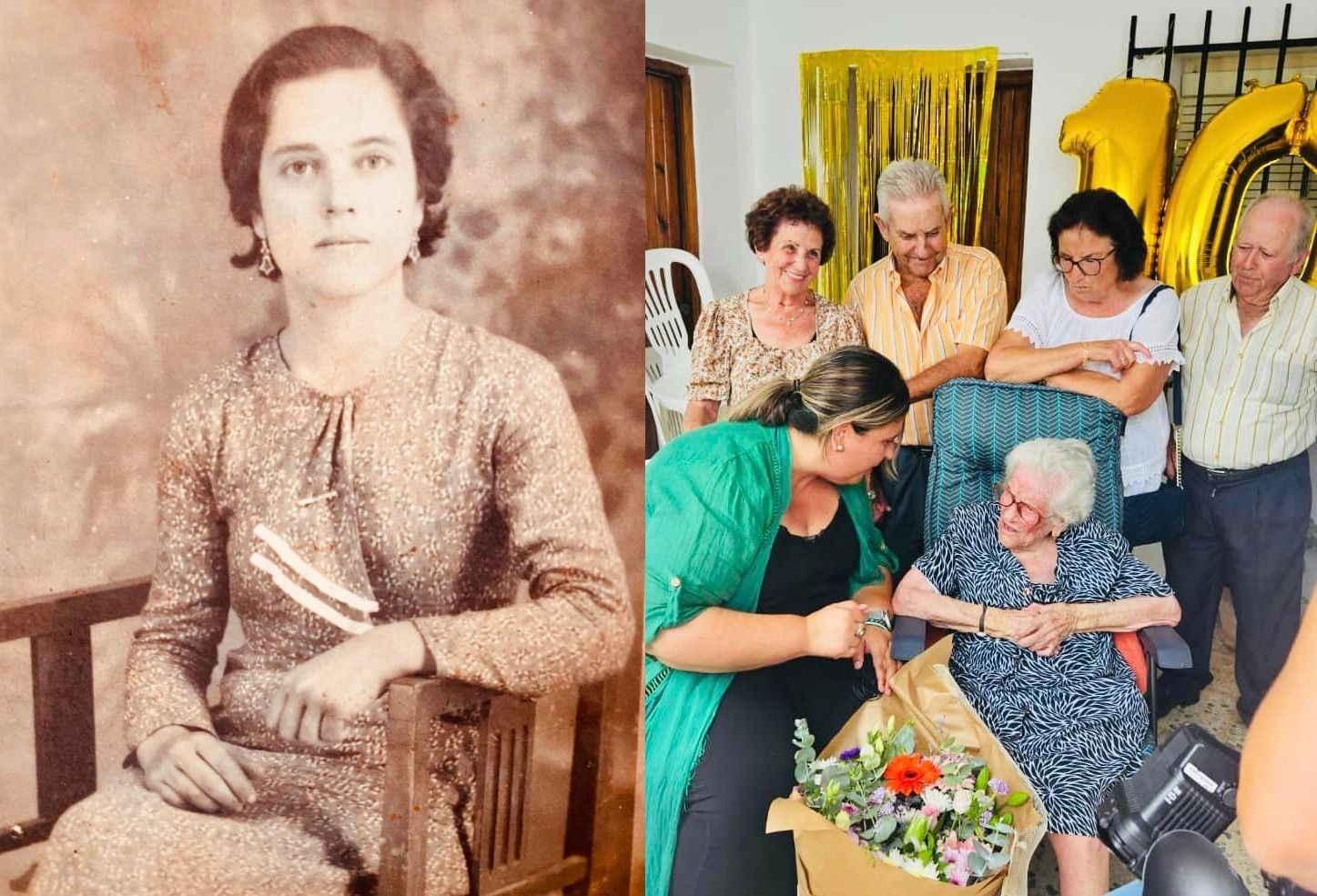 Doña Catalina, de joven; y en su cumpleaños de esta semana en Conil.