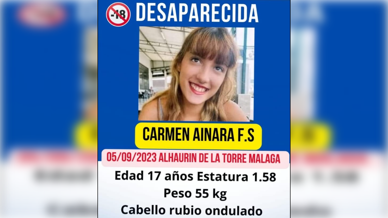 Cartel de búsqueda con información sobre Carmen Ainara, una joven malagueña de 17 años.