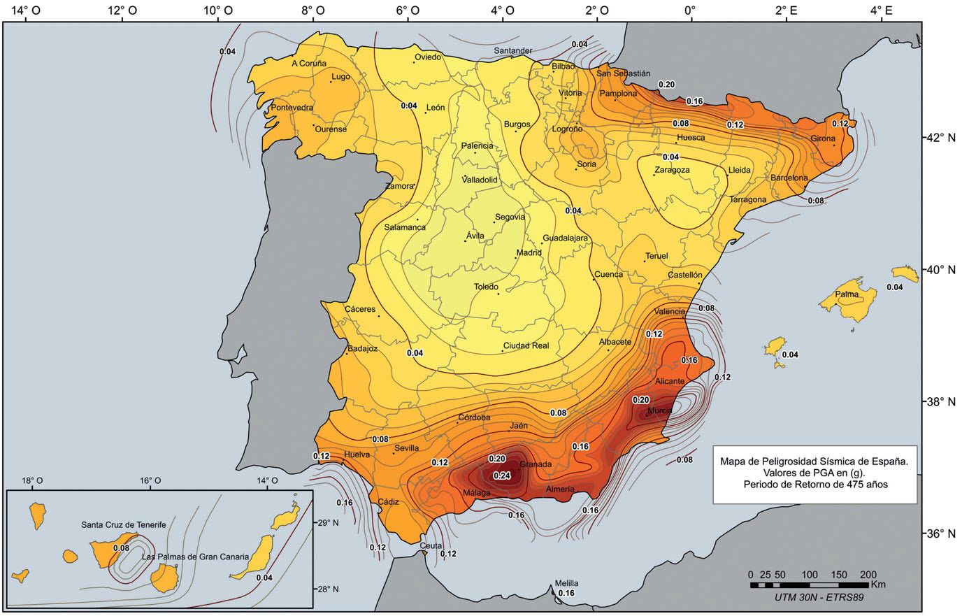 Mapa de peligrosidad sísmica en España por terremotos. 
