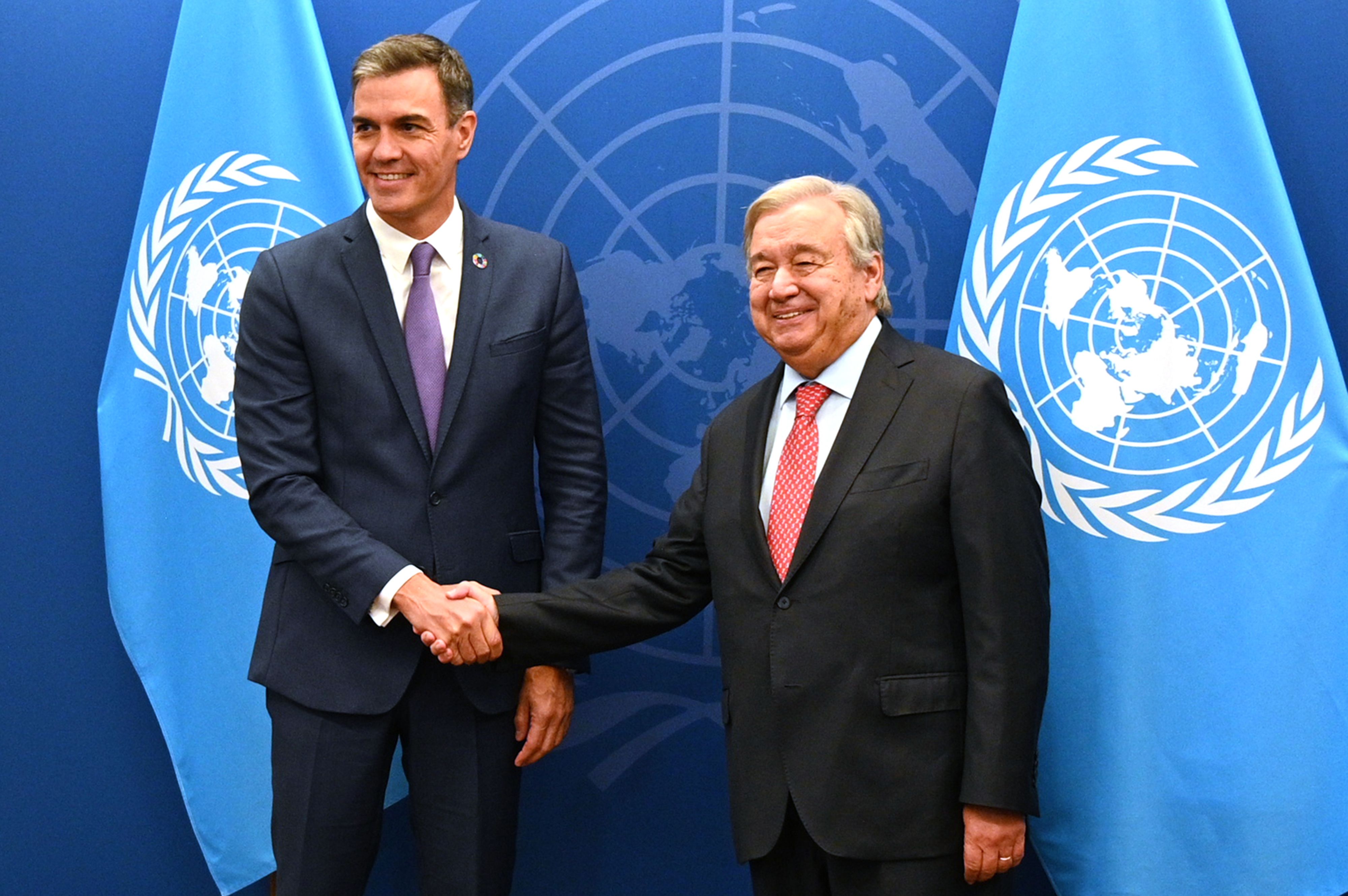 El presidente Pedro Sánchez, junto al secretario general de la ONU, Antonio Guterres.