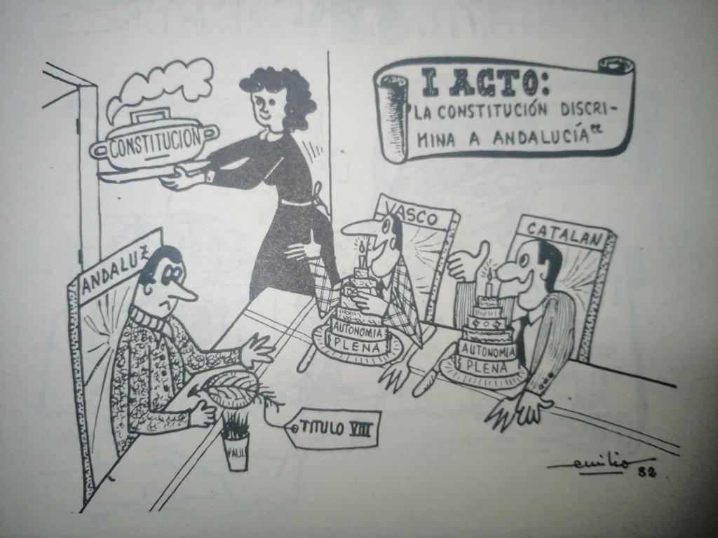 Viñeta de Emilio Lechuga de una serie de varias dedicadas a narrar el proceso autonómico andaluz y publicada en el "Andalucía Libre" de octubre de 1982.