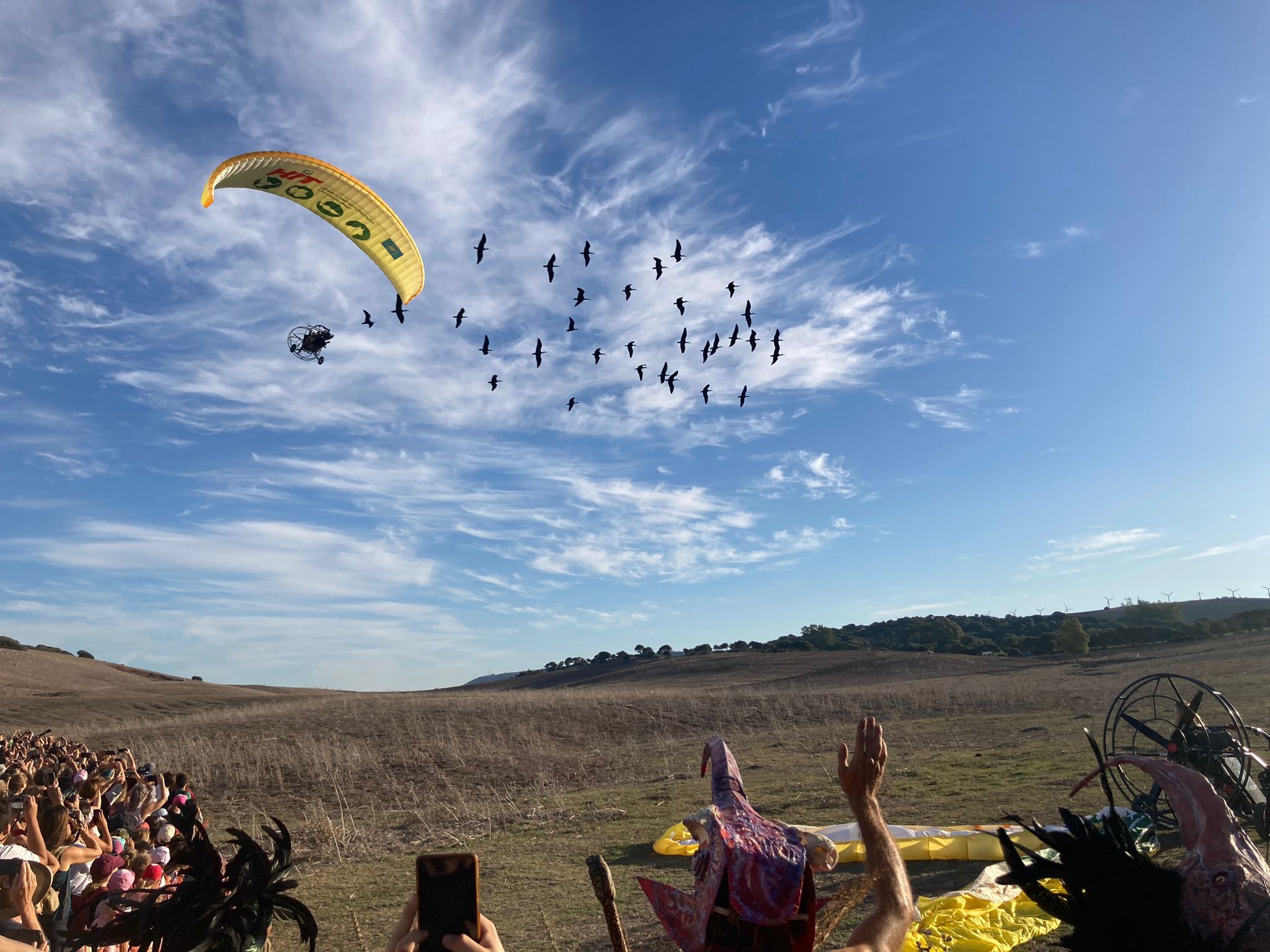 La llegada de un ultraligero junto a una bandada de iris eremita.